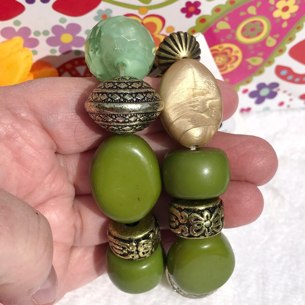 Mixed Boho Bead Stretch Bracelets Olive & Goldtone - Picture 6 of 6